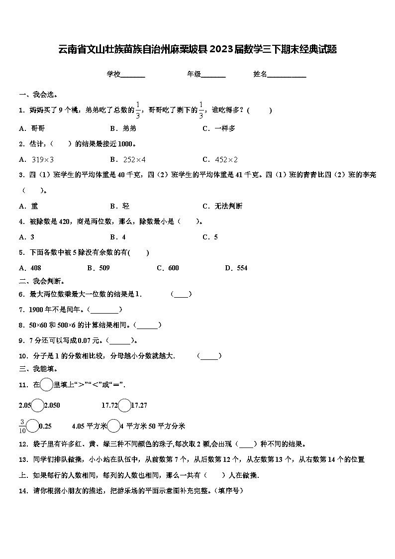 云南省文山壮族苗族自治州麻栗坡县2023届数学三下期末经典试题含解析第1页