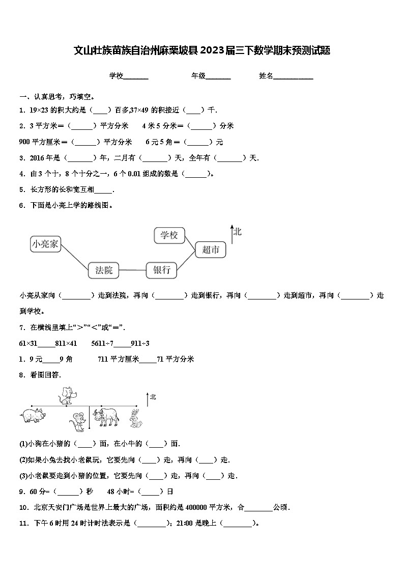 文山壮族苗族自治州麻栗坡县2023届三下数学期末预测试题含解析第1页