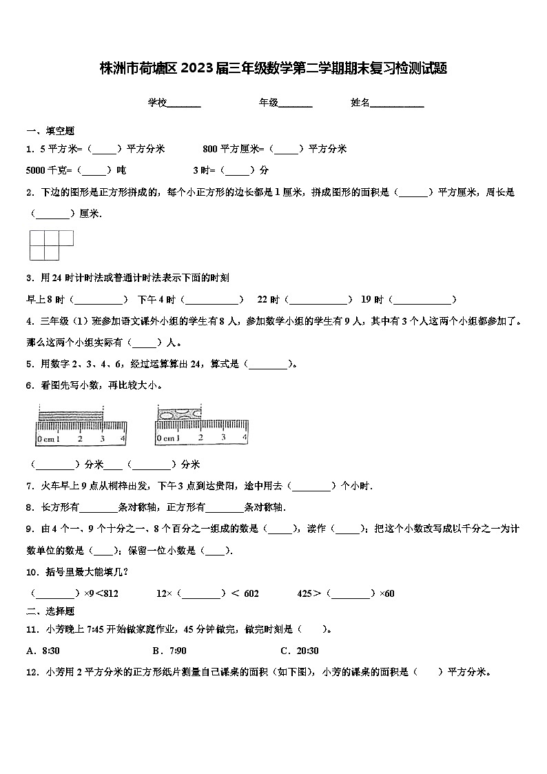 株洲市荷塘区2023届三年级数学第二学期期末复习检测试题含解析第1页