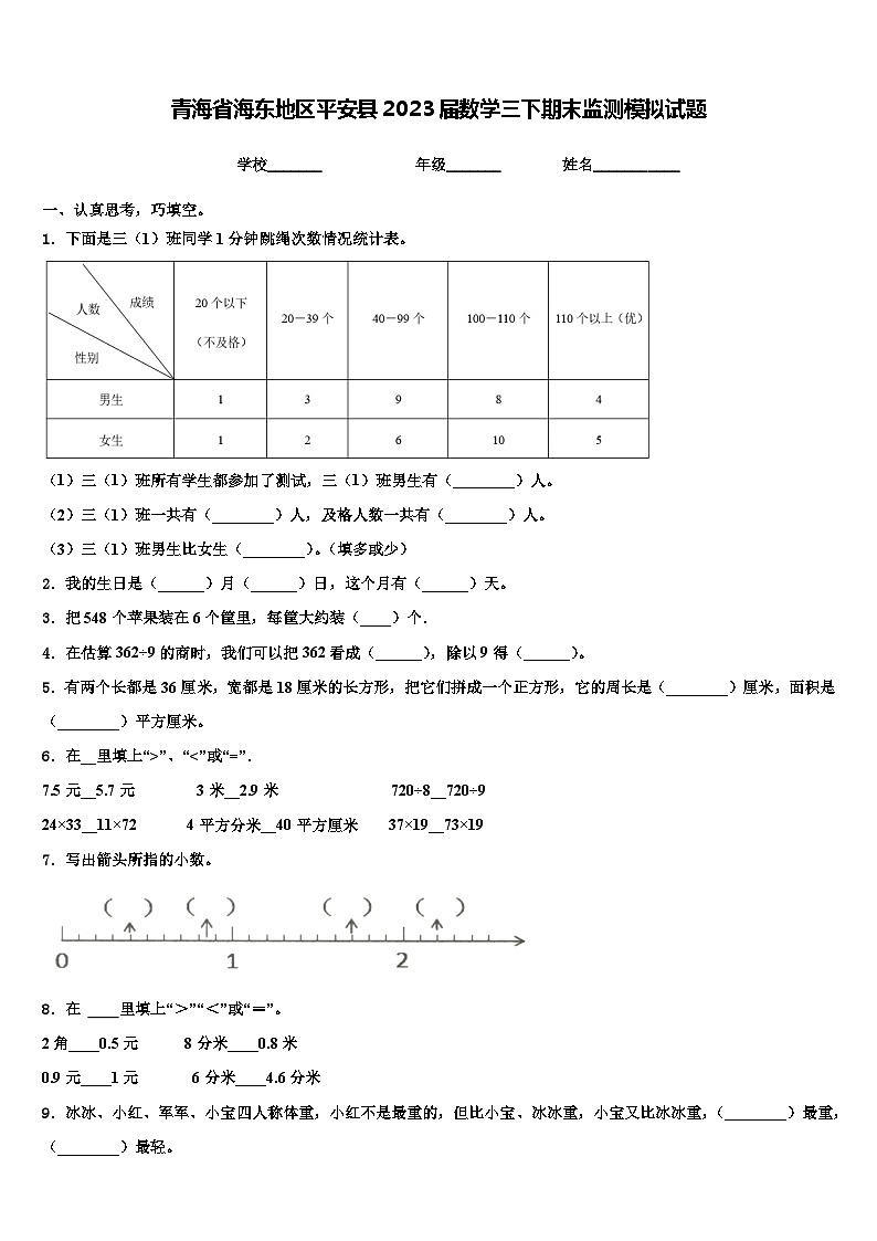 青海省海东地区平安县2023届数学三下期末监测模拟试题含解析第1页