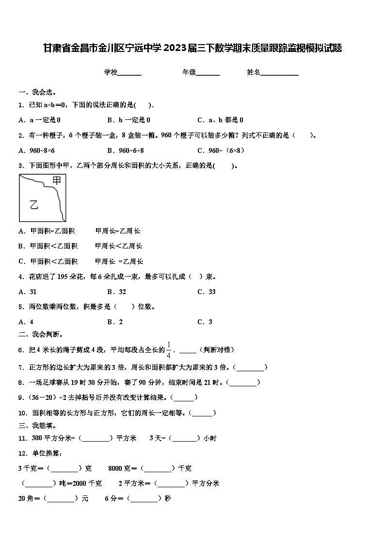 甘肃省金昌市金川区宁远中学2023届三下数学期末质量跟踪监视模拟试题含解析第1页