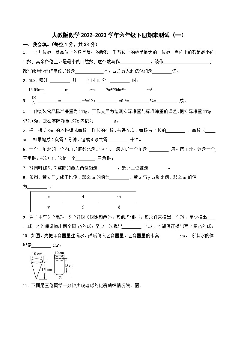 人教版数学2022-2023学年六年级下册期末测试（一）第1页