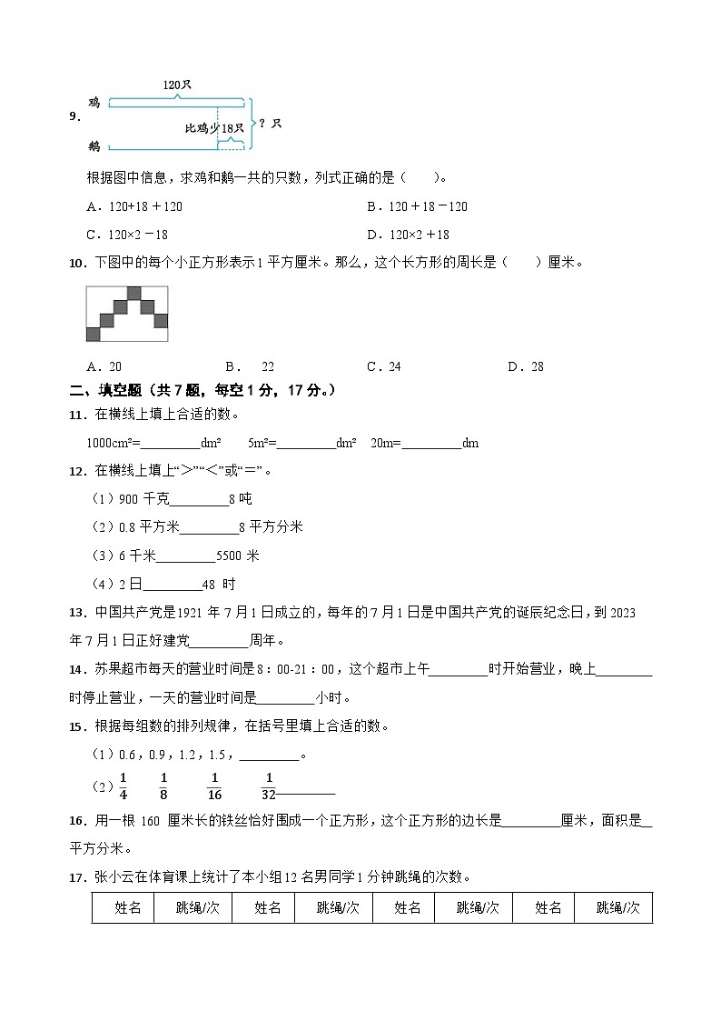 苏教版2022-2023学年三年级下册数学期末测试卷第2页
