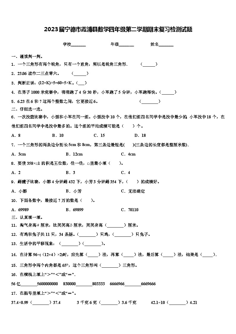 2023届宁德市霞浦县数学四年级第二学期期末复习检测试题含解析第1页