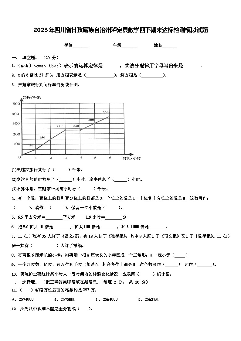 2023年四川省甘孜藏族自治州泸定县数学四下期末达标检测模拟试题含解析第1页