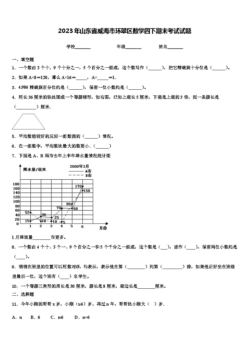 2023年山东省威海市环翠区数学四下期末考试试题含解析第1页