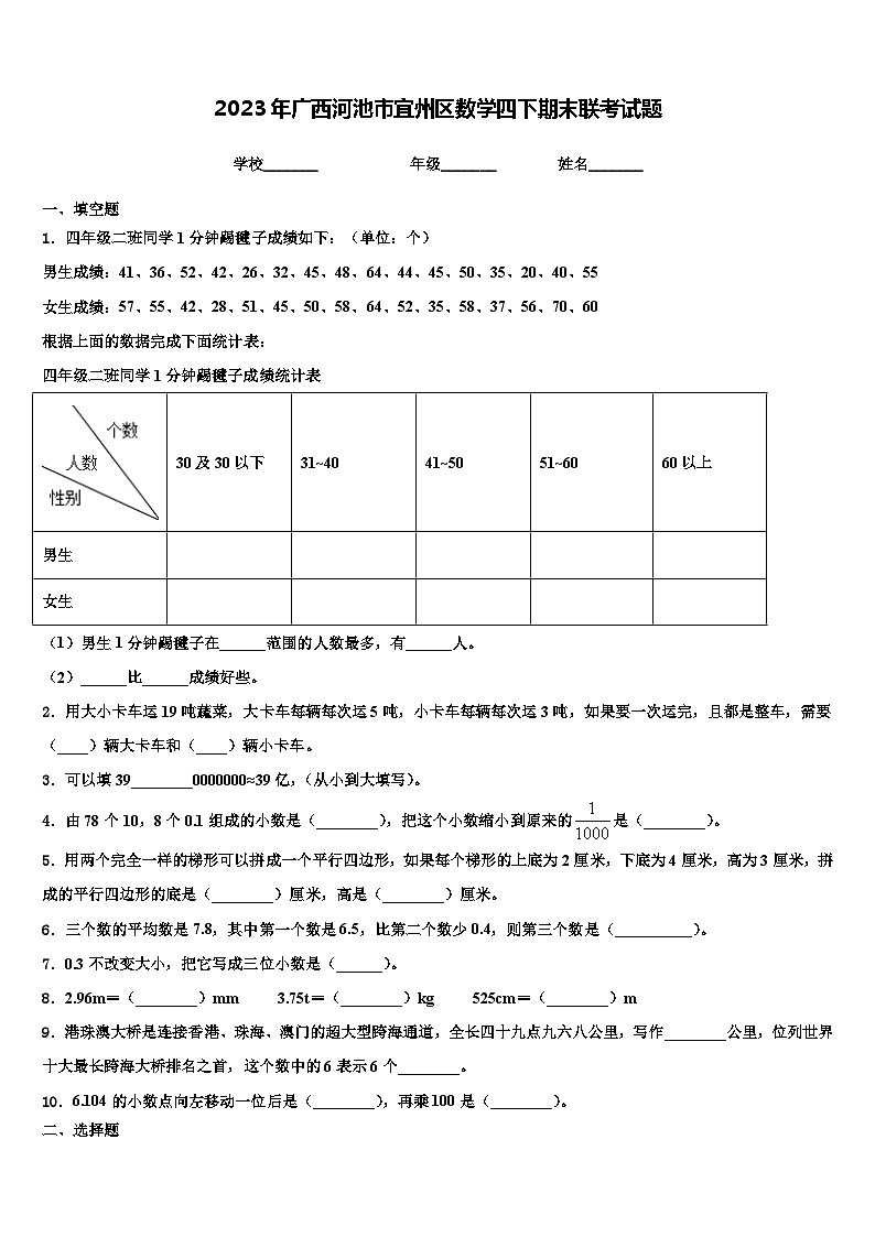 2023年广西河池市宜州区数学四下期末联考试题含解析第1页