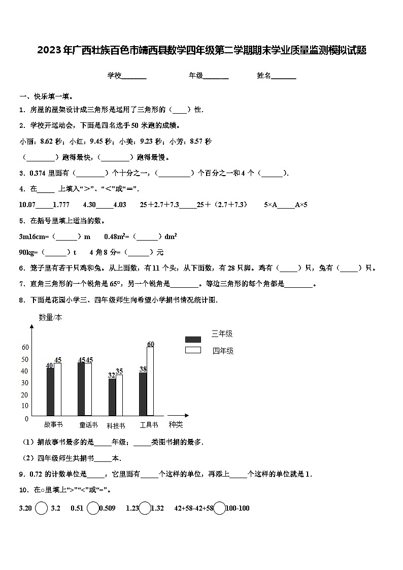 2023年广西壮族百色市靖西县数学四年级第二学期期末学业质量监测模拟试题含解析第1页