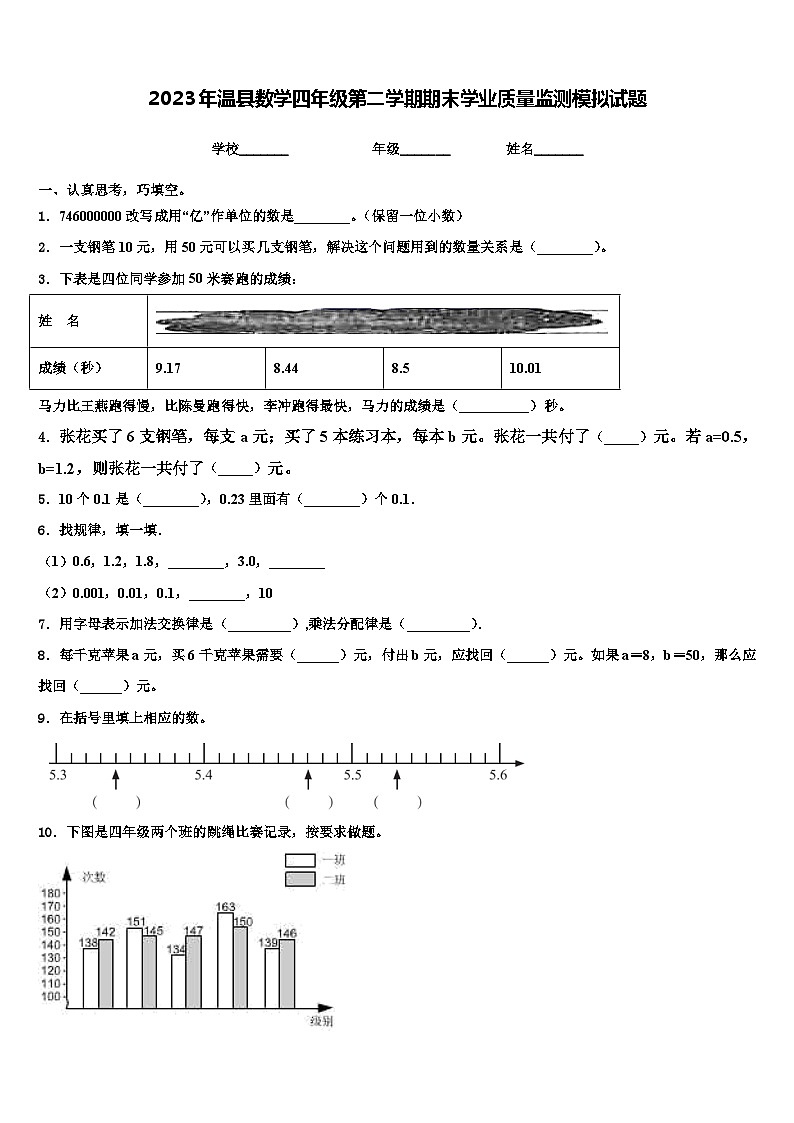 2023年温县数学四年级第二学期期末学业质量监测模拟试题含解析01