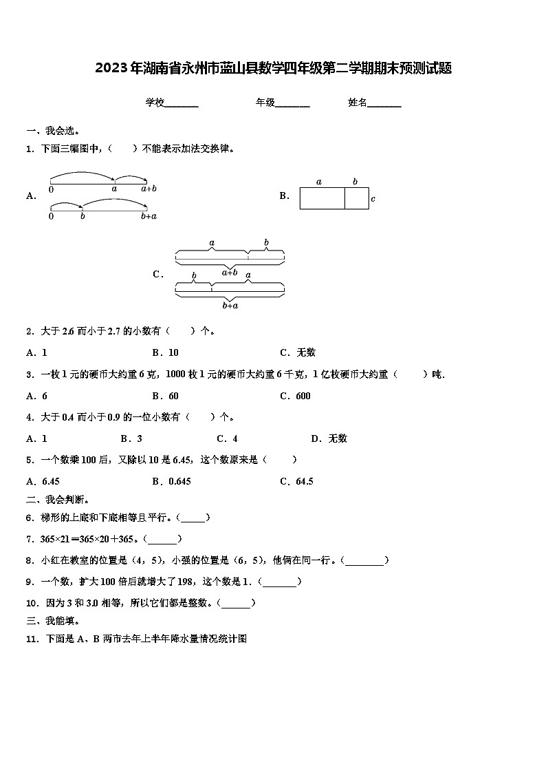 2023年湖南省永州市蓝山县数学四年级第二学期期末预测试题含解析第1页