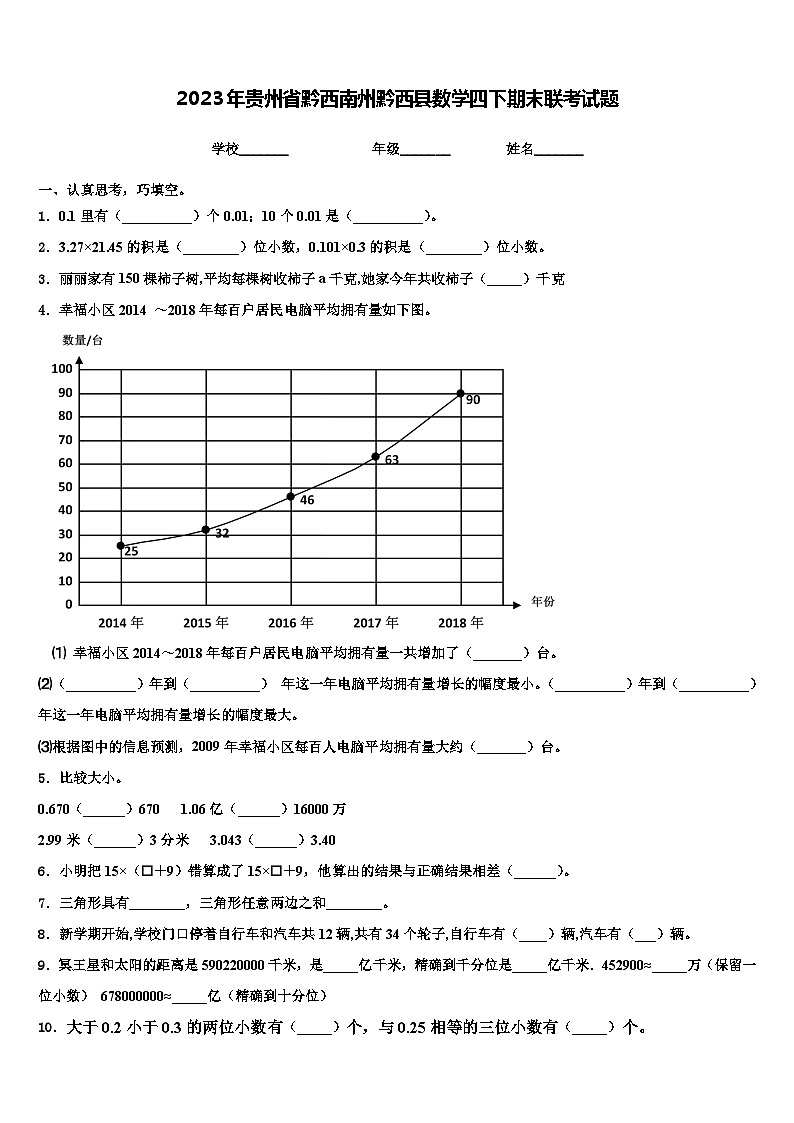 2023年贵州省黔西南州黔西县数学四下期末联考试题含解析第1页