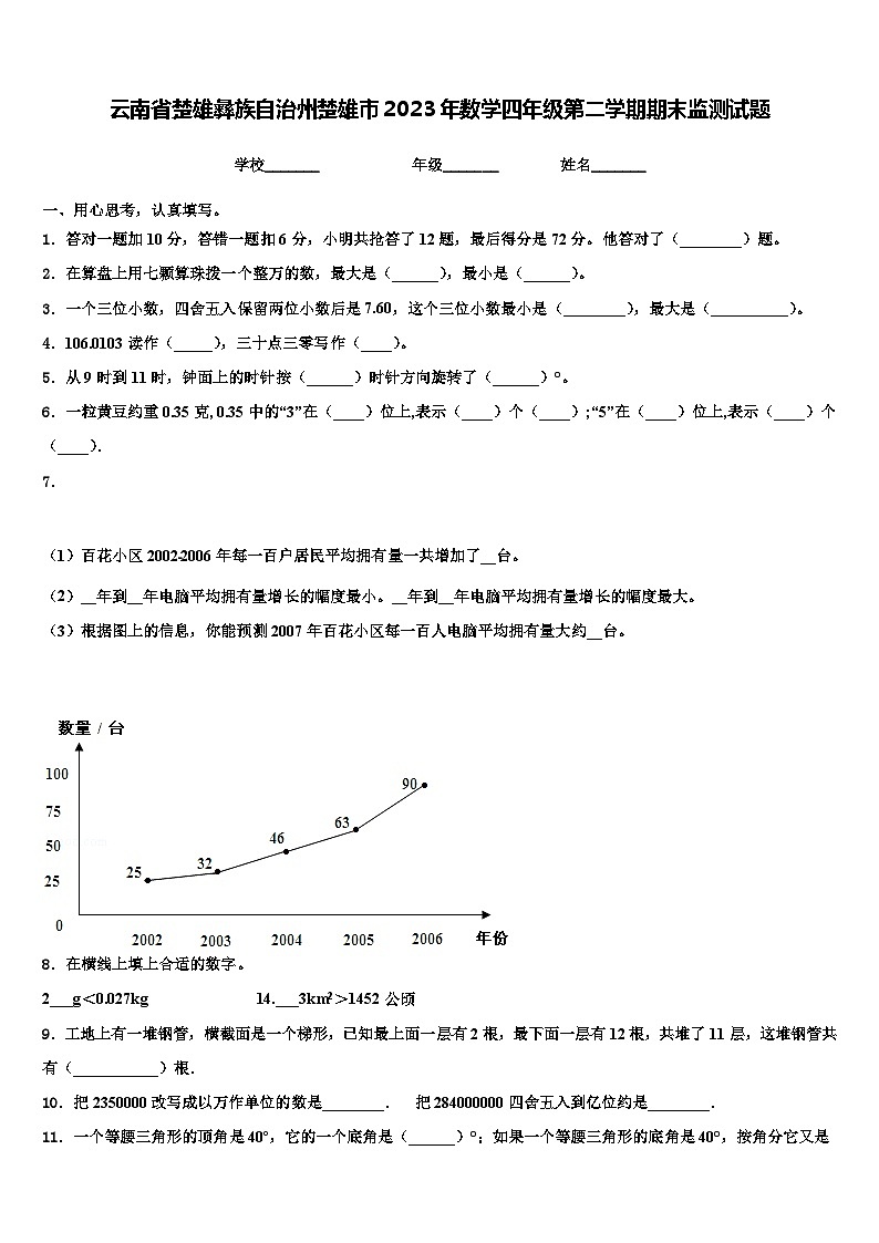 云南省楚雄彝族自治州楚雄市2023年数学四年级第二学期期末监测试题含解析第1页