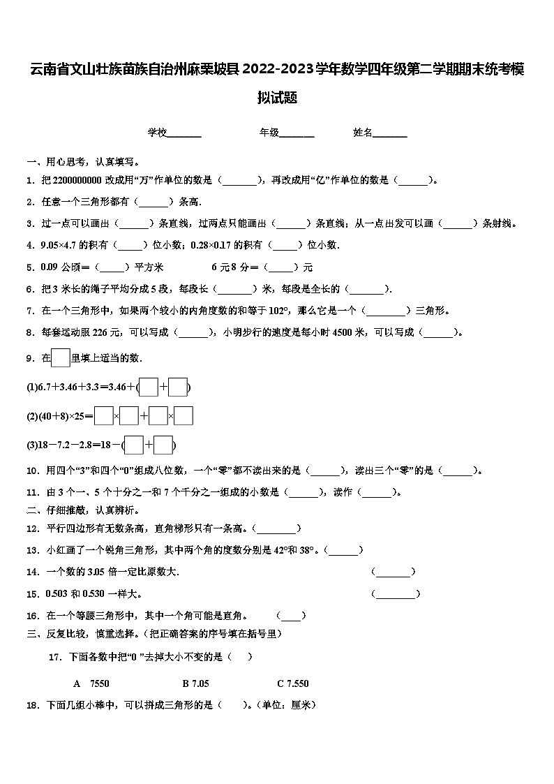 云南省文山壮族苗族自治州麻栗坡县2022-2023学年数学四年级第二学期期末统考模拟试题含解析01