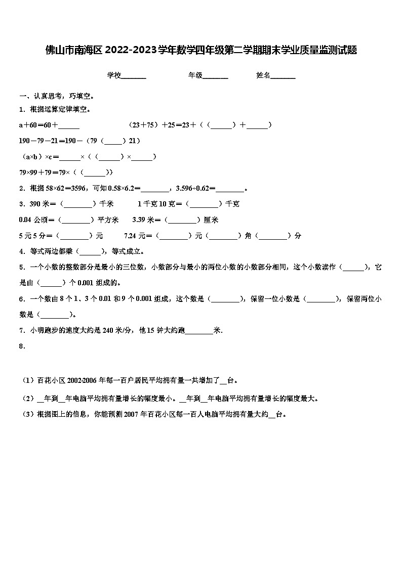 佛山市南海区2022-2023学年数学四年级第二学期期末学业质量监测试题含解析第1页