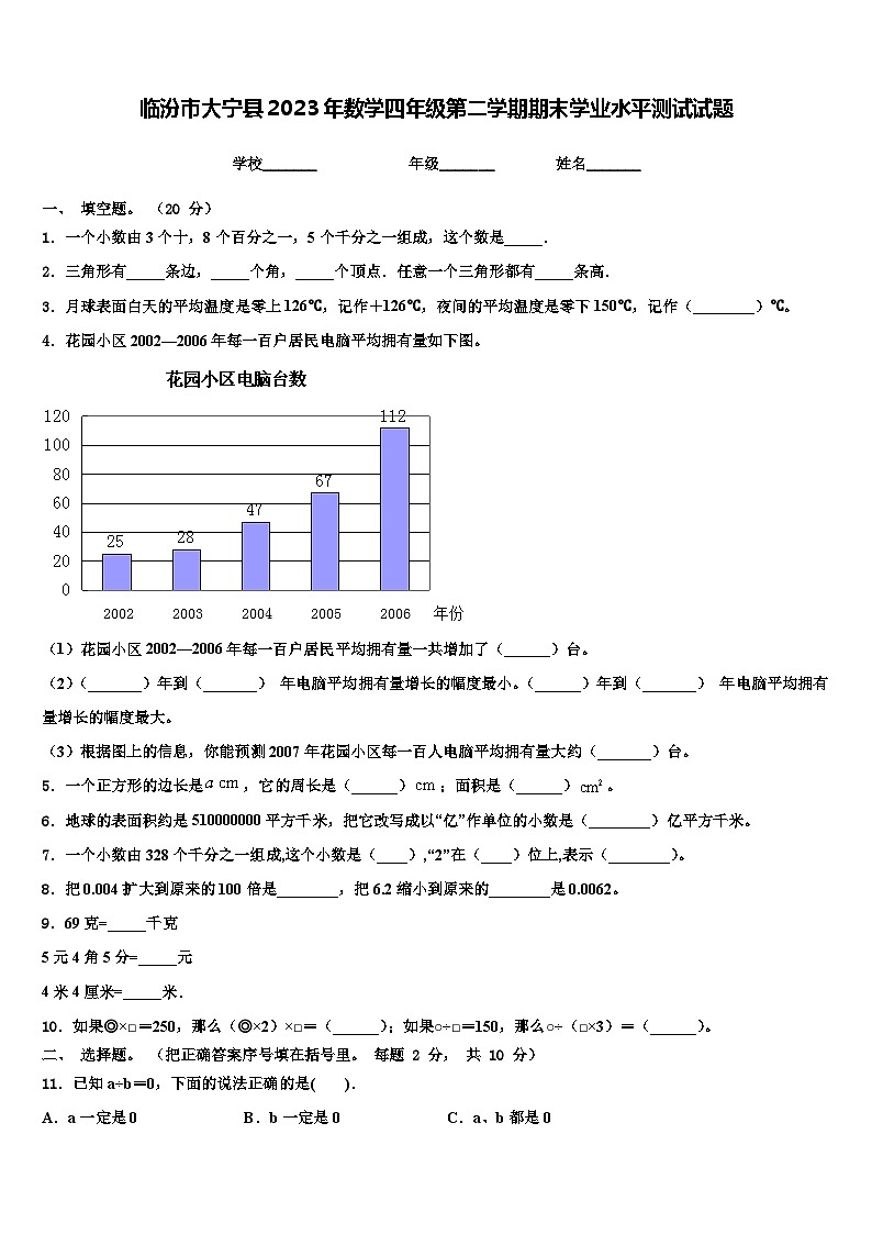临汾市大宁县2023年数学四年级第二学期期末学业水平测试试题含解析第1页