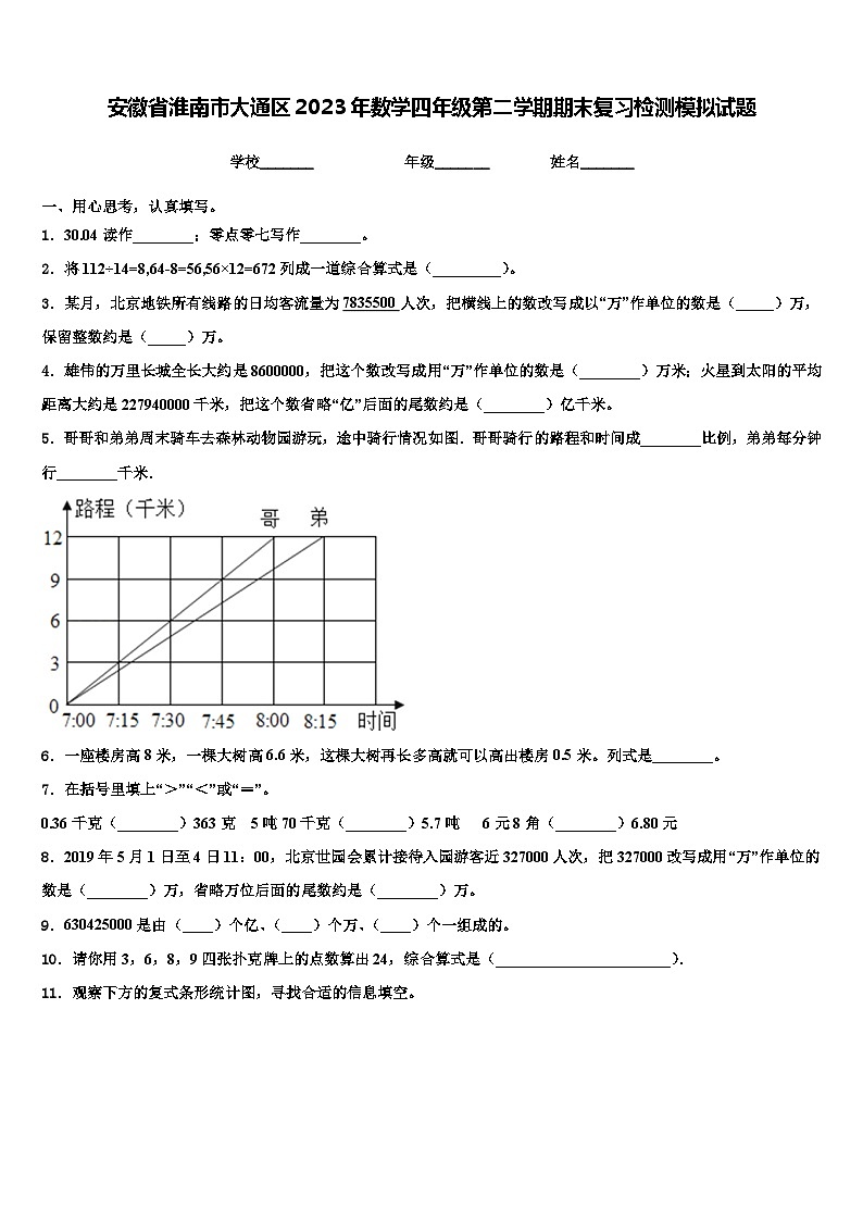 安徽省淮南市大通区2023年数学四年级第二学期期末复习检测模拟试题含解析第1页