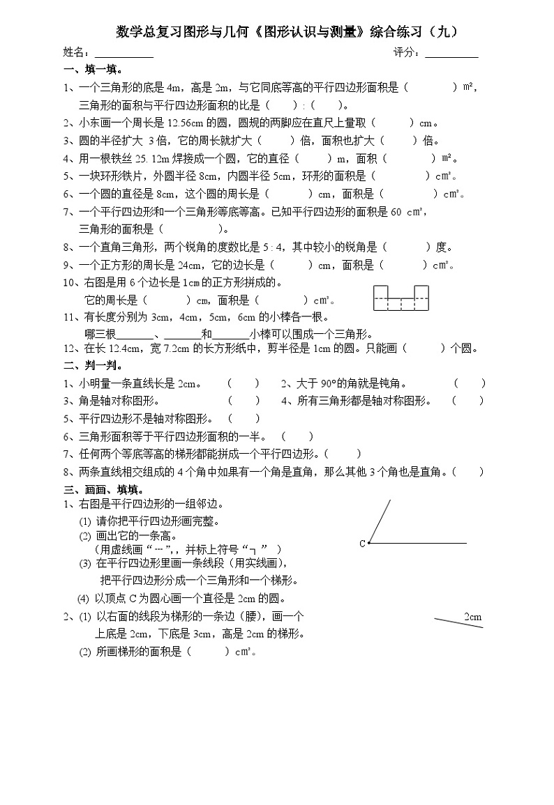 人教版数学六年级下册 总复习综合练习  图形与几何、统计与概率第2页