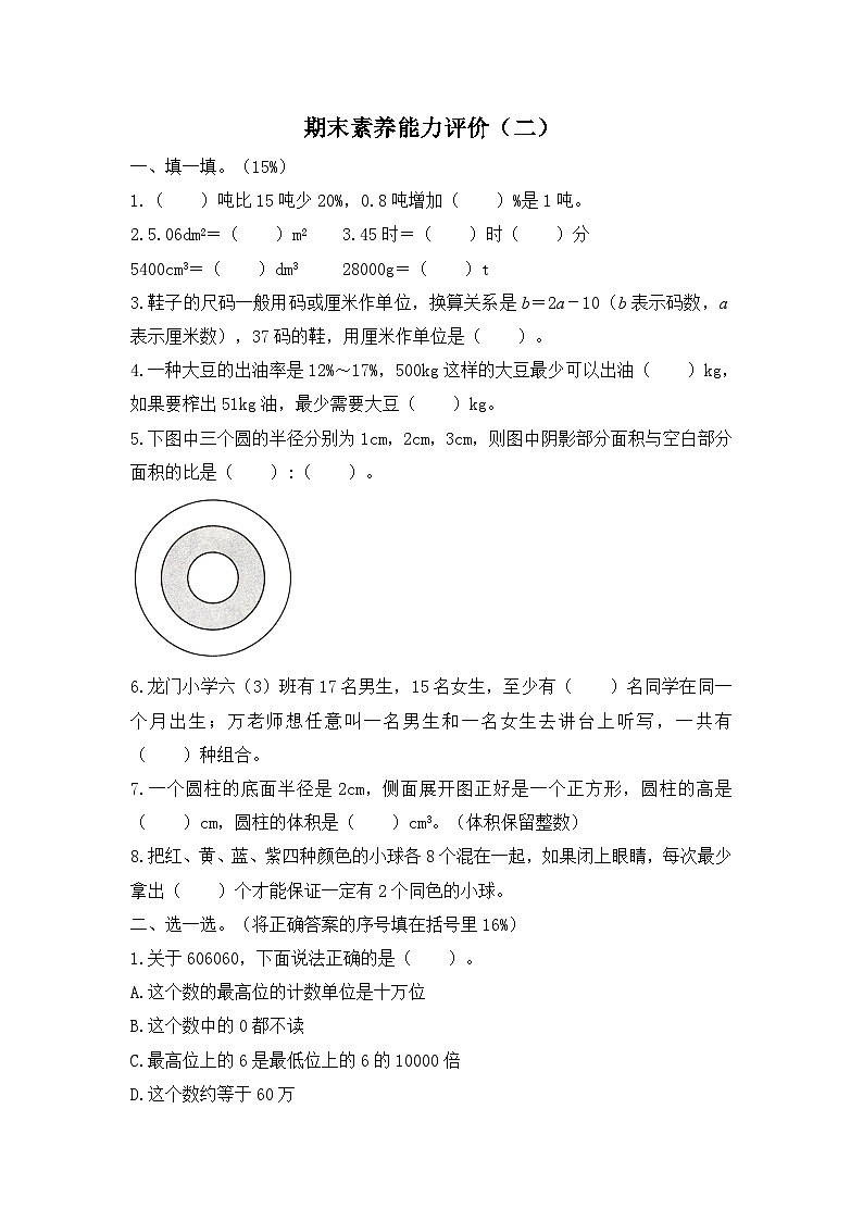 人教版数学六年级下学期期末素养能力评价（二）第1页