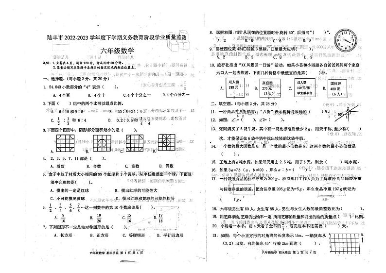 广东省汕尾市陆丰市 2022-2023学年六年级下学期义务教育阶段学业质量监测数学试题01
