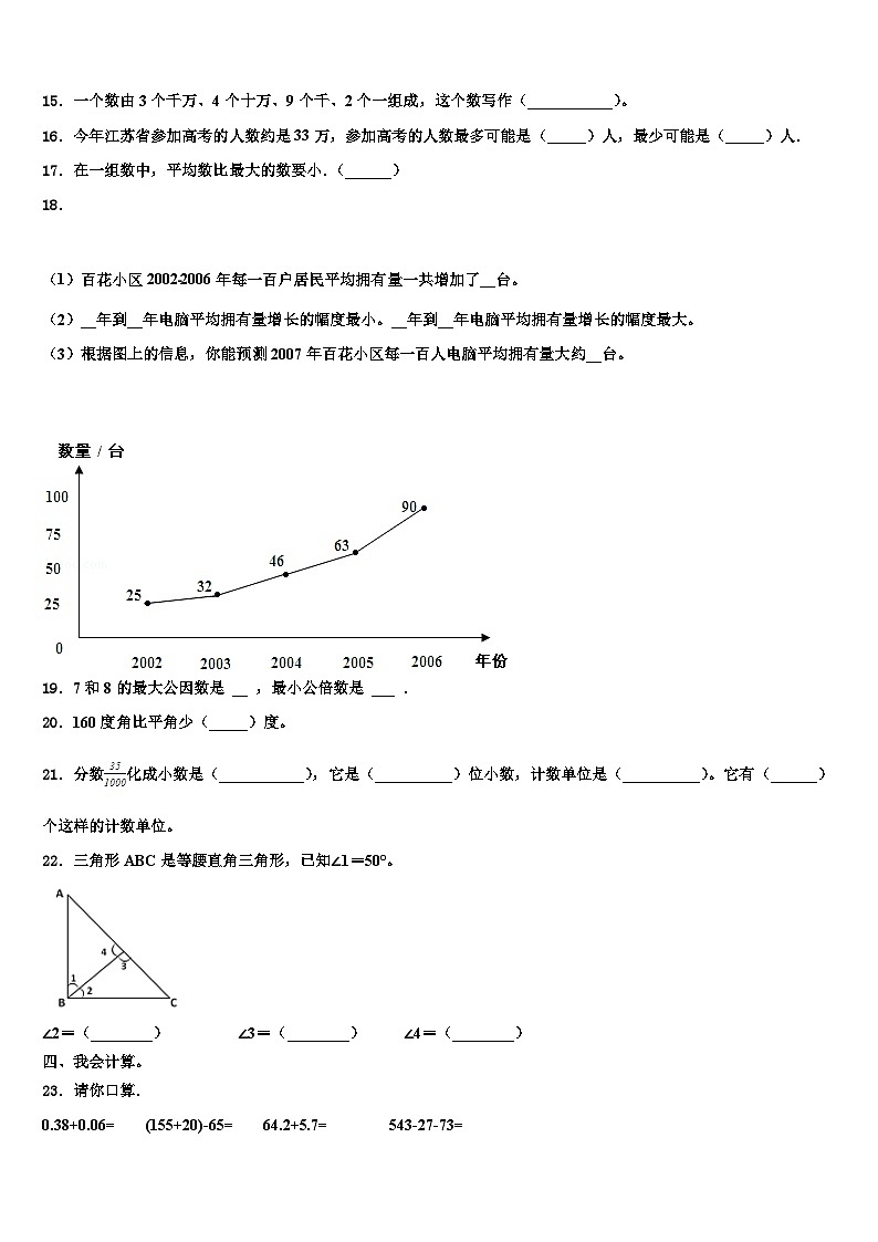 河北省保定市安新县2022-2023学年四年级数学第二学期期末调研试题含解析02