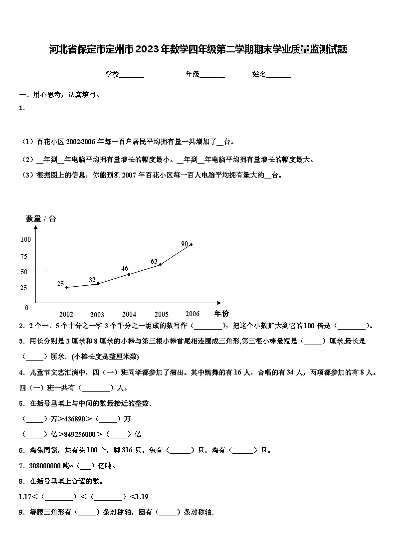 河北省保定市定州市2023年数学四年级第二学期期末学业质量监测试题含解析第1页