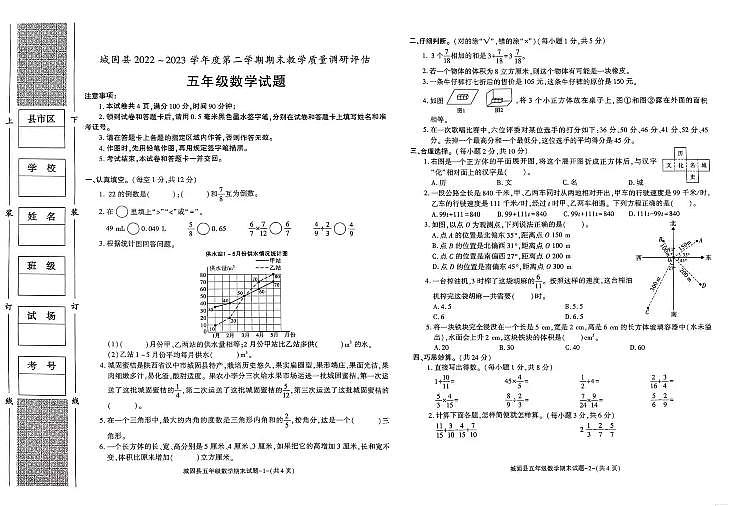 陕西省汉中市城固县2022-2023学年五年级下学期期末考试数学试题01