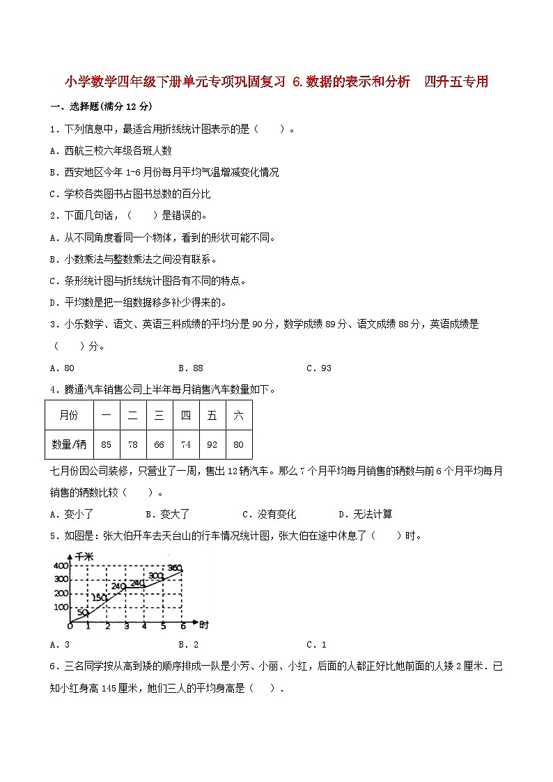 【暑假基础复习】小学数学北师大版四年级下册单元专项基础复习 6.数据的表示和分析  四升五专用（含答案）第1页