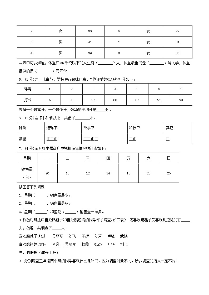 【暑假提升复习】小学数学苏教版三年级下册单元专项提升复习 9.数据的收集和整理（二）  三升四专用（含答案）第2页