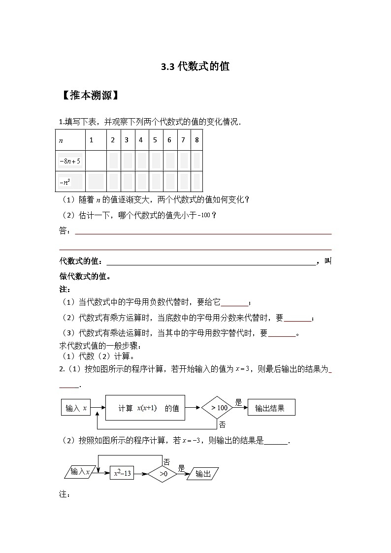 【暑假小升初自学】苏科版数学六年级（六升七）暑假-专题3.3《代数式的值》预习讲学案01