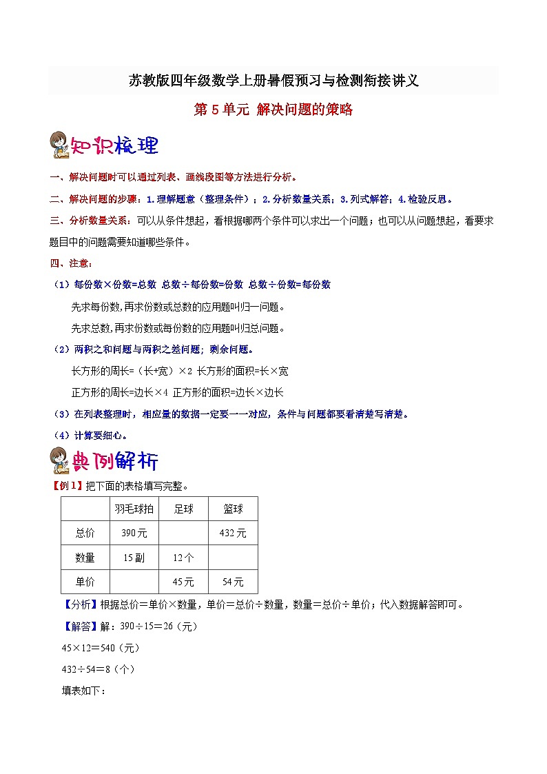 【暑假提升】苏教版数学三年级（三升四）暑假预习：第5单元《解决问题的策略》讲义（知识点+例题+练习）（含解析）01