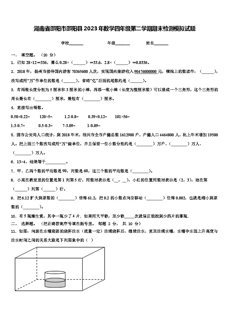 湖南省邵阳市邵阳县2023年数学四年级第二学期期末检测模拟试题含解析第1页