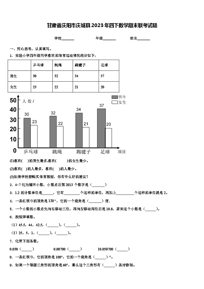 甘肃省庆阳市庆城县2023年四下数学期末联考试题含解析第1页