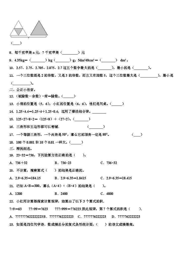 葫芦岛市绥中县2022-2023学年数学四年级第二学期期末学业质量监测模拟试题含解析02