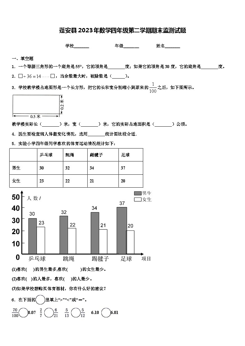 蓬安县2023年数学四年级第二学期期末监测试题含解析第1页