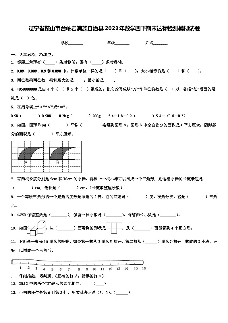 辽宁省鞍山市台岫岩满族自治县2023年数学四下期末达标检测模拟试题含解析第1页
