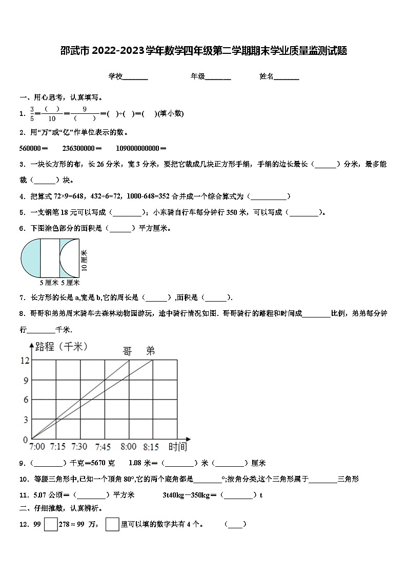 邵武市2022-2023学年数学四年级第二学期期末学业质量监测试题含解析第1页