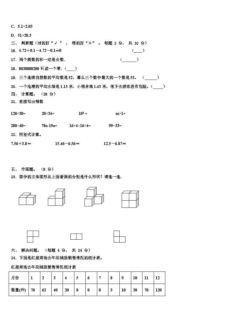 陕西省汉中市西乡县2022-2023学年数学四下期末统考试题含解析02
