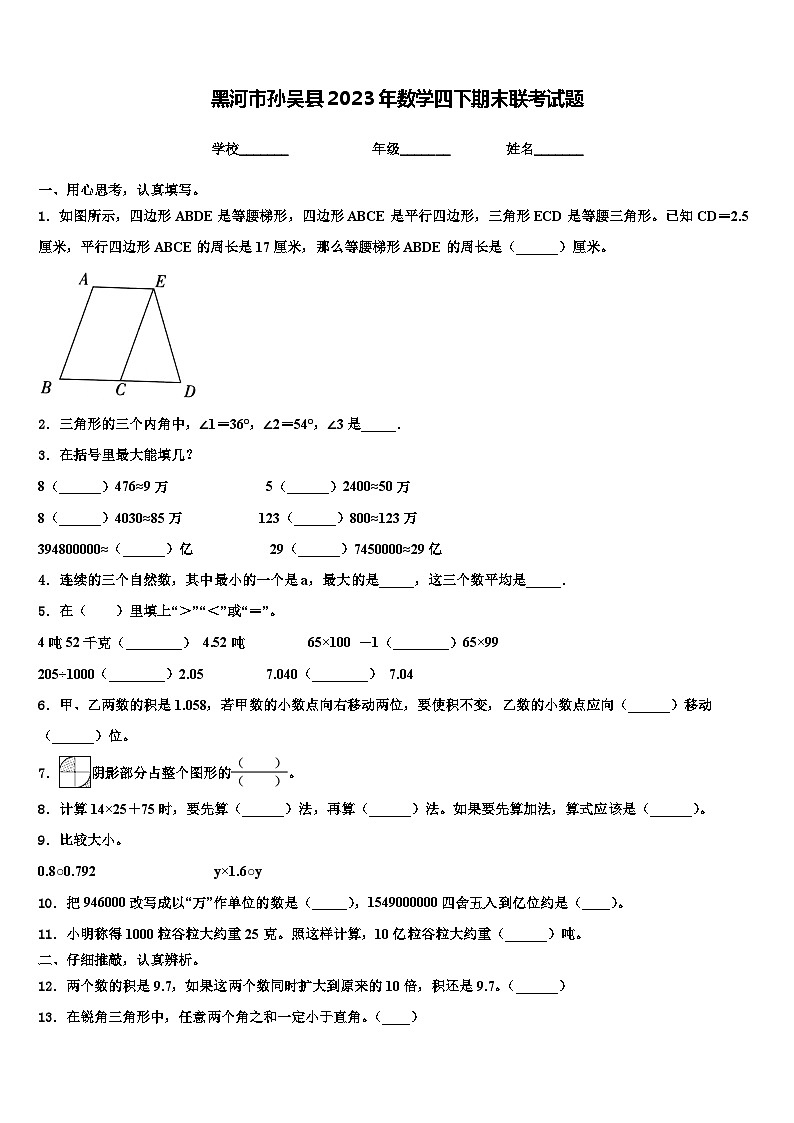 黑河市孙吴县2023年数学四下期末联考试题含解析01