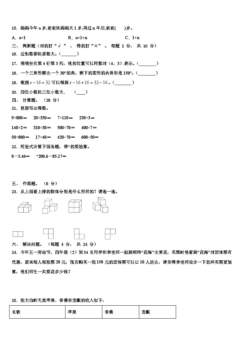 黑龙江省大庆市肇源农场学校2023年四年级数学第二学期期末学业水平测试模拟试题含解析02