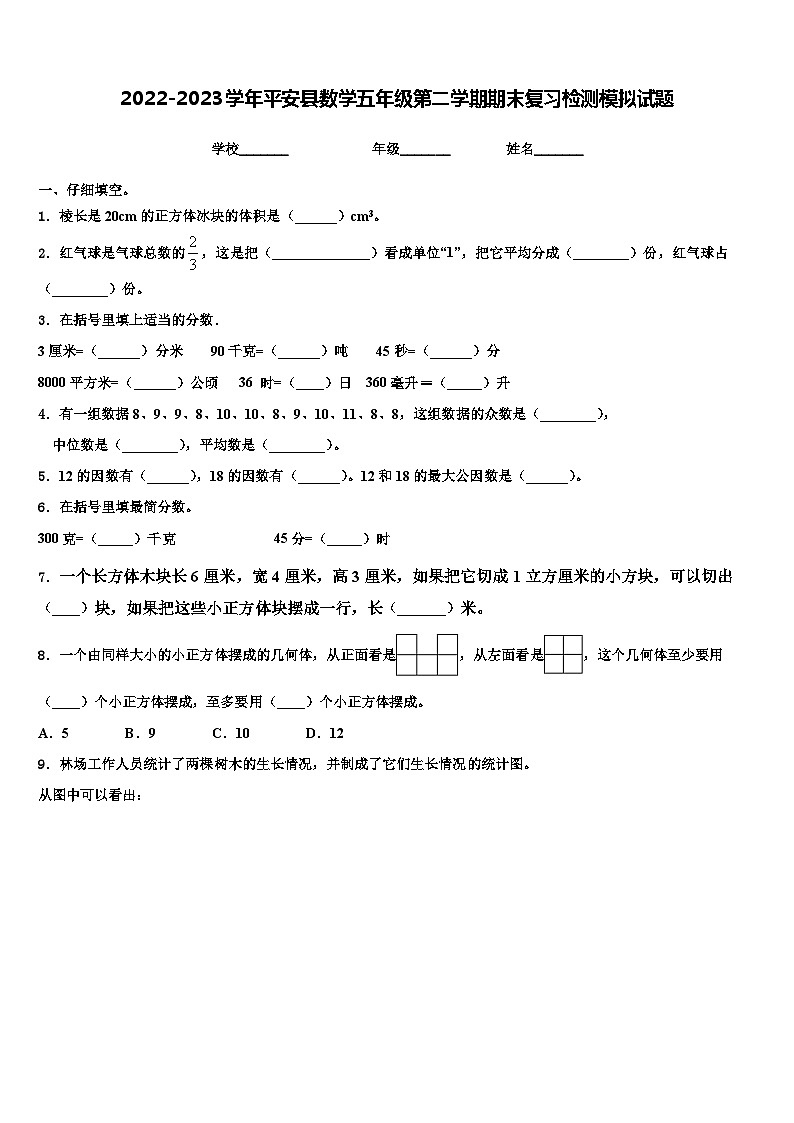 2022-2023学年平安县数学五年级第二学期期末复习检测模拟试题含解析01