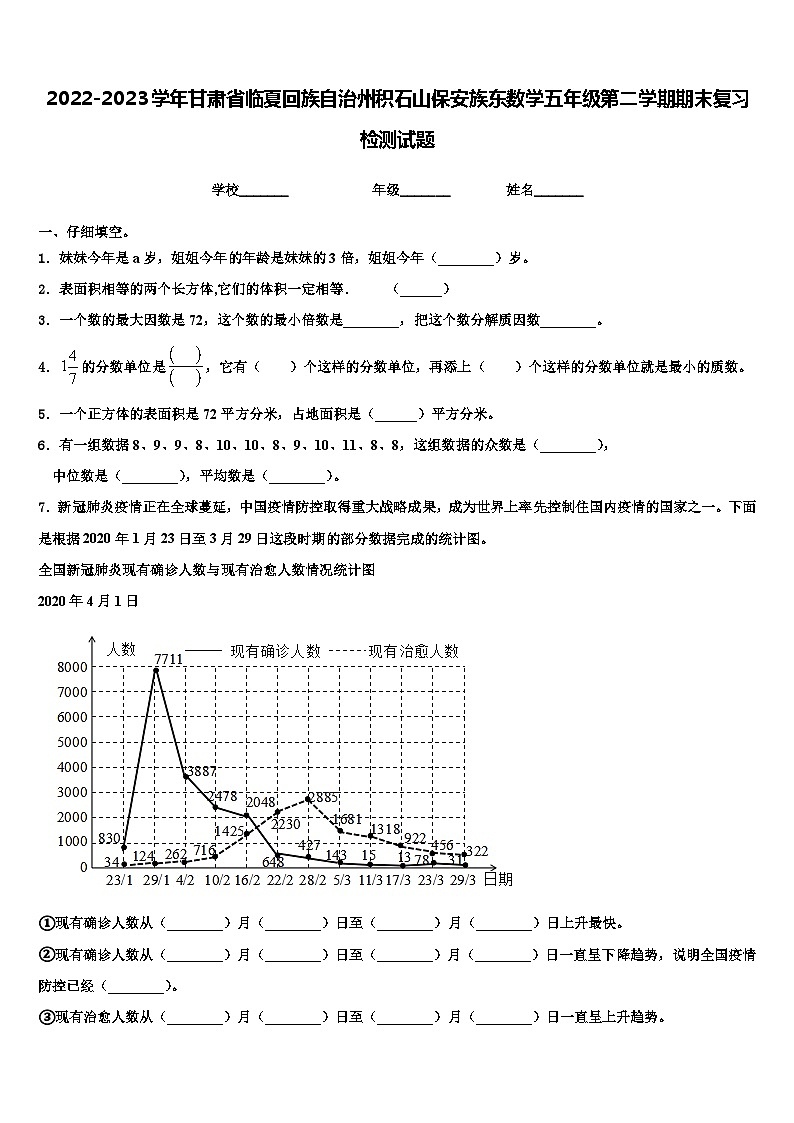 2022-2023学年甘肃省临夏回族自治州积石山保安族东数学五年级第二学期期末复习检测试题含解析第1页