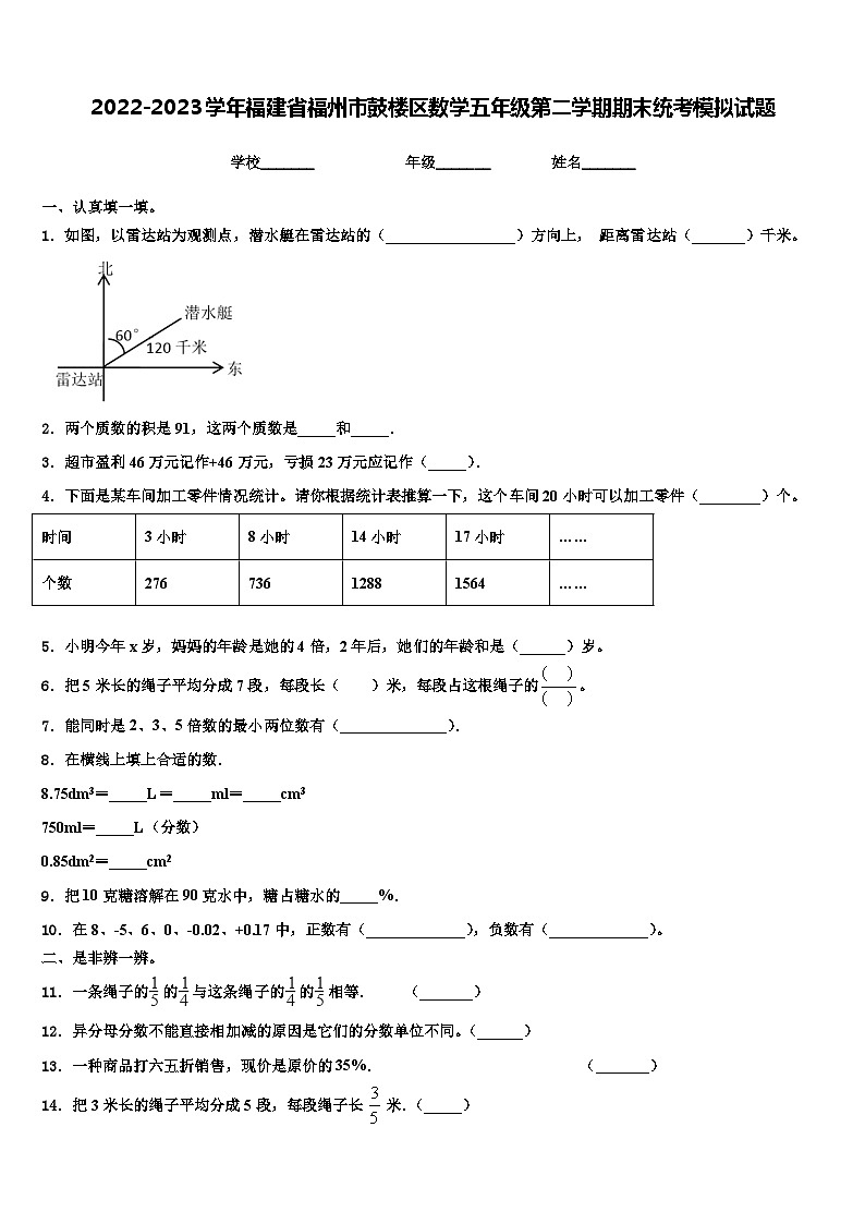 2022-2023学年福建省福州市鼓楼区数学五年级第二学期期末统考模拟试题含解析第1页