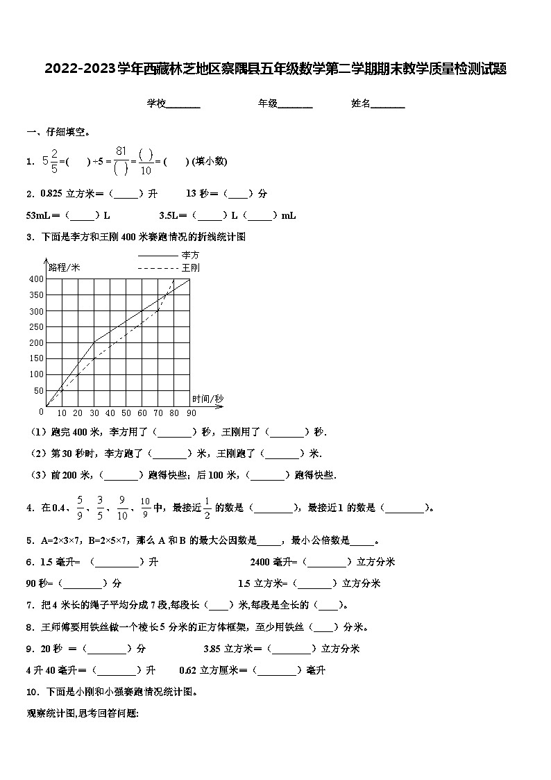 2022-2023学年西藏林芝地区察隅县五年级数学第二学期期末教学质量检测试题含解析第1页