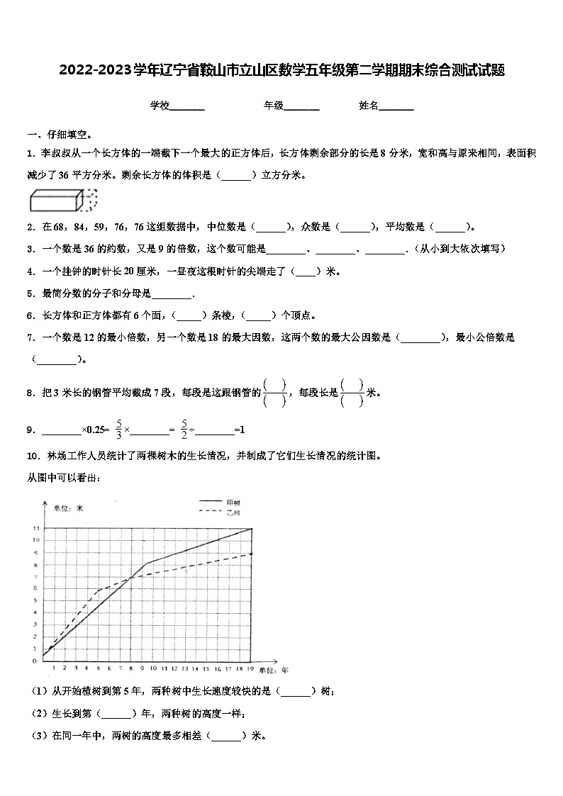 2022-2023学年辽宁省鞍山市立山区数学五年级第二学期期末综合测试试题含解析第1页