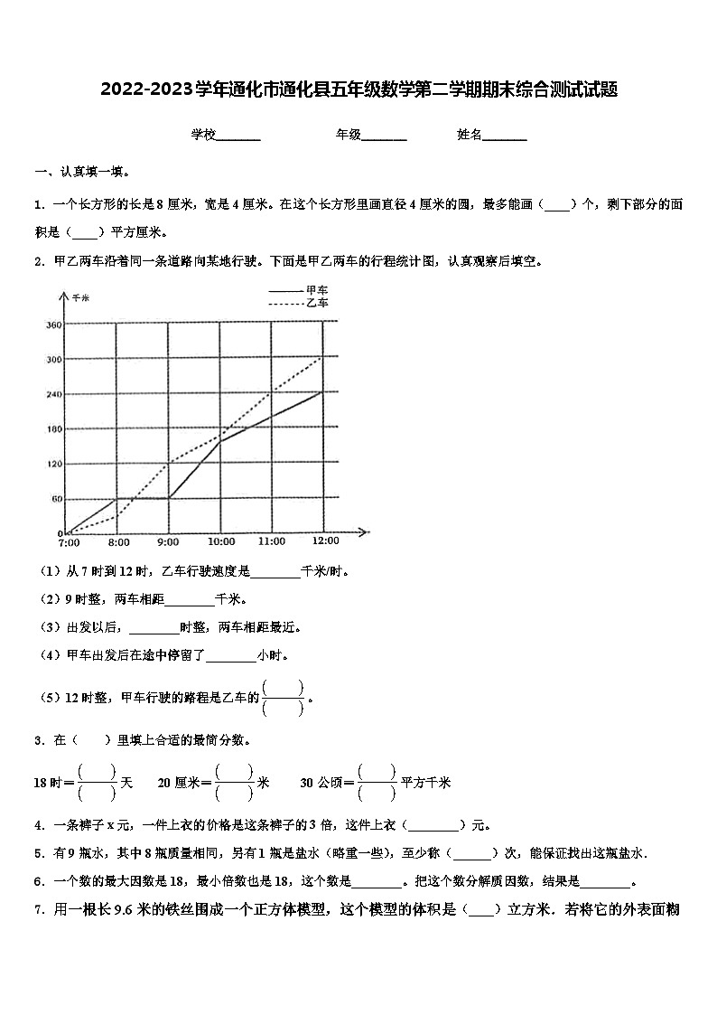 2022-2023学年通化市通化县五年级数学第二学期期末综合测试试题含解析第1页