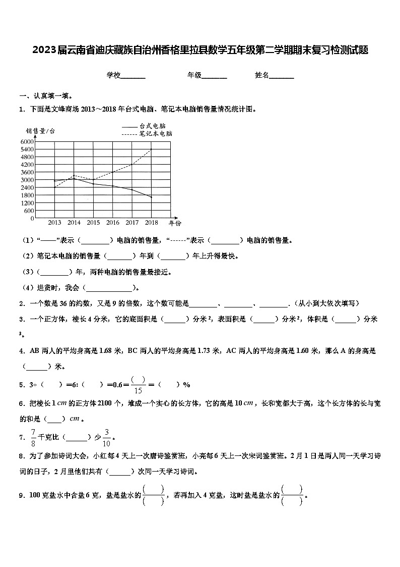 2023届云南省迪庆藏族自治州香格里拉县数学五年级第二学期期末复习检测试题含解析第1页