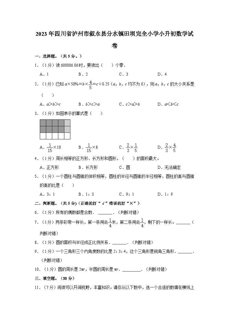2023年四川省泸州市叙永县分水镇田坝完全小学小升初数学试卷第1页
