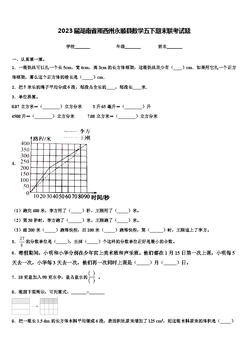 2023届湖南省湘西州永顺县数学五下期末联考试题含解析第1页