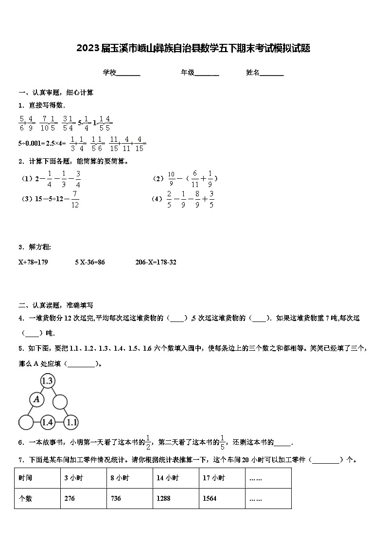 2023届玉溪市峨山彝族自治县数学五下期末考试模拟试题含解析01