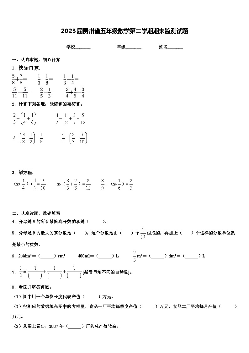 2023届贵州省五年级数学第二学期期末监测试题含解析第1页